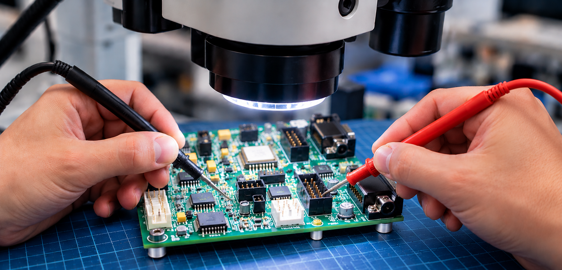 PCB assembly under a microscope